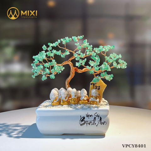 Cây Tài Lộc Hũ Vuông Bon Sai Chữ Bình An Thạch Anh Xanh