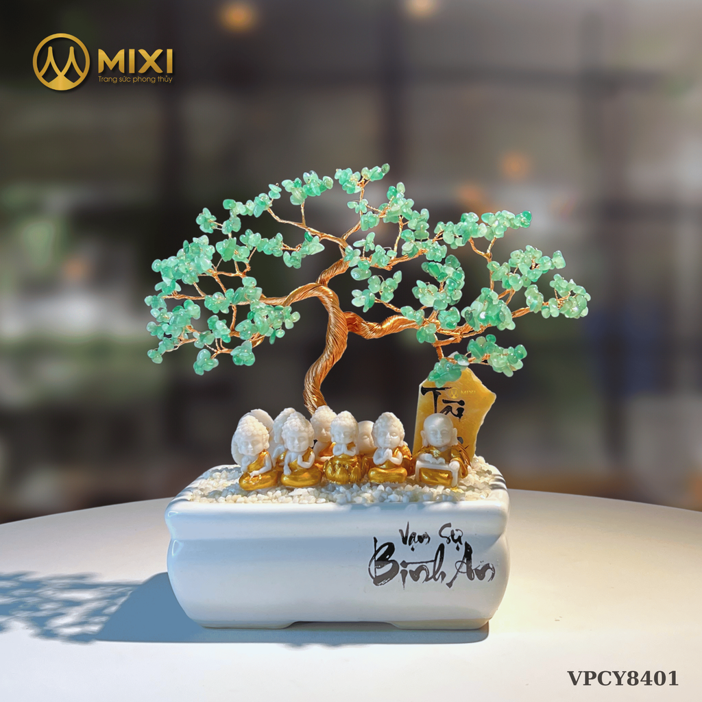 Cây Tài Lộc Hũ Vuông Bon Sai Chữ Bình An Thạch Anh Xanh