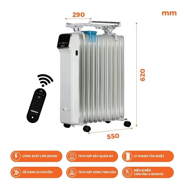 Máy sưởi dầu cảm ứng có remote Nanoco model NOH2614RC ( Công suất 2600W, 3 mức độ nhiệt)