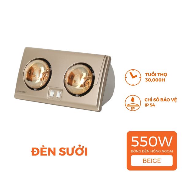 Đèn sưởi gắn tường 2 bóng 550W Nanoco model NBH634BE/NBH649G ( màu beige/vàng đồng)