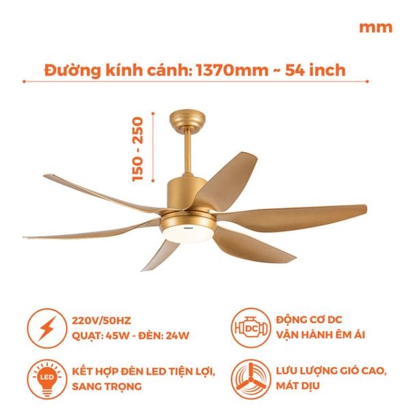 Quạt trần 6 cánh - Đèn LED có remote Nanoco model NCF5462-GL/SL (Công suất 69W, Động cơ DC)