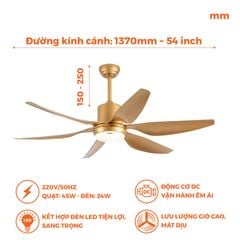 Quạt trần 6 cánh - Đèn LED có remote Nanoco model NCF5462-GL/SL (Công suất 69W, Động cơ DC)