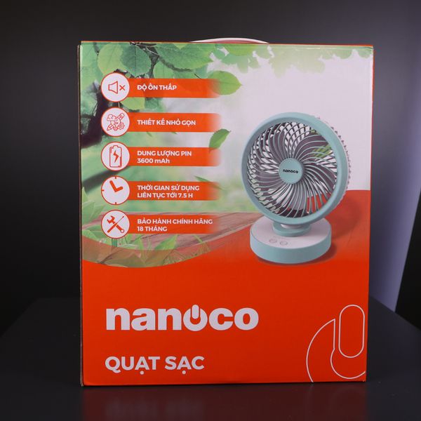 Quạt sạc 6inch Nanoco model NRF6213, có xoay, màu xanh, màu hồng, dùng tối đa 7.5 giờ