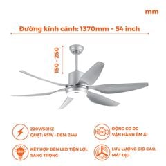 Quạt trần 6 cánh - Đèn LED có remote Nanoco model NCF5462-GL/SL (Công suất 69W, Động cơ DC)