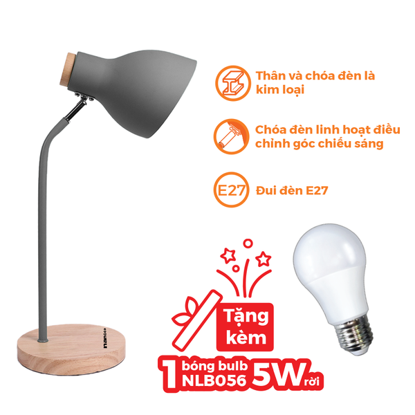 Đèn bàn E27 Nanoco đế gỗ model NDKC03 (không bóng) + tặng kèm 1 bóng Led bulb đui E27- 5W