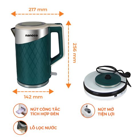 Bình đun siêu tốc inox 304 Nanoco model NKT1817 dung tích 1.8 lít (có đèn LED: báo xanh )