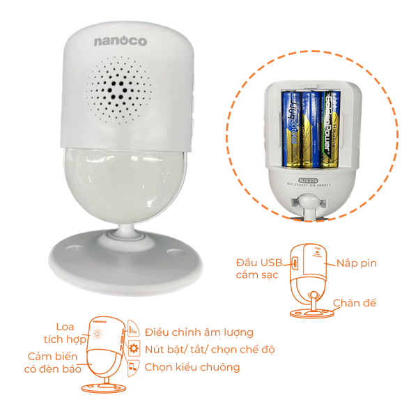 Chuông báo cảm biến không dây Nanoco model NJX378 (có tích hợp đầu sạc USB hoặc sử dụng pin AAA)