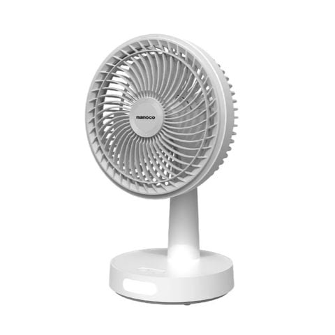 Quạt sạc 8inch Nanoco model NRF6536W, có xoay, có đèn, màu trắng, dùng tối đa 8 giờ