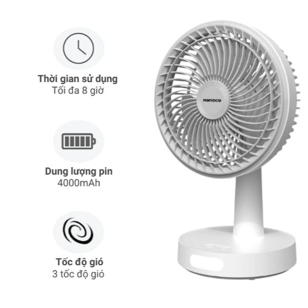 Quạt sạc 8inch Nanoco model NRF6536W, có xoay, có đèn, màu trắng, dùng tối đa 8 giờ