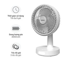 Quạt sạc 8inch Nanoco model NRF6536W, có xoay, có đèn, màu trắng, dùng tối đa 8 giờ