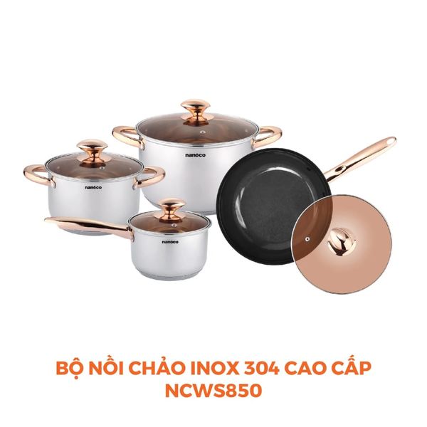 Bộ nồi chảo 4 món inox 304 Nanoco model NCWS850