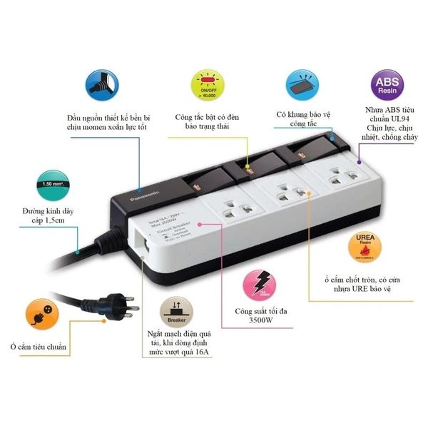 Ổ cắm có dây model WCHG28334 (công suất 3500W, 3 ổ cắm 3 chấu,3 công tắc)