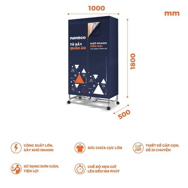 Tủ sấy quần áo Nanoco model NCD2207 (Công suất 2200W, Sức chứa ≤ 50kg)
