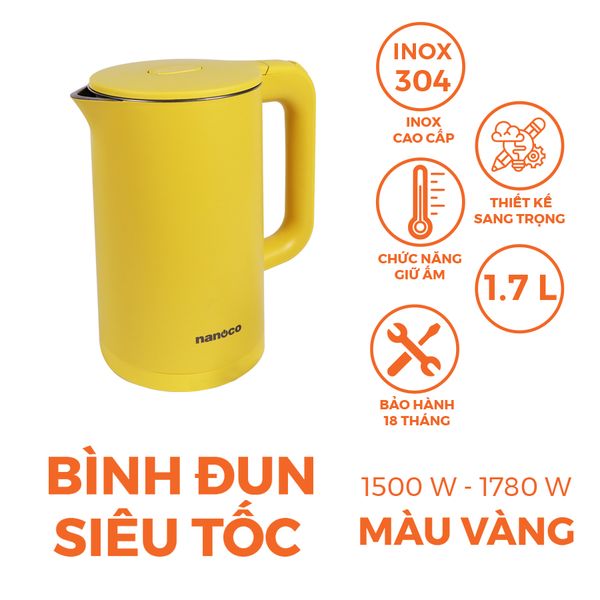 Bình đun siêu tốc inox 304 Nanoco model NKT1750 dung tích 1.7 lít (đèn LED báo sôi, giữ ấm sau khi sôi)