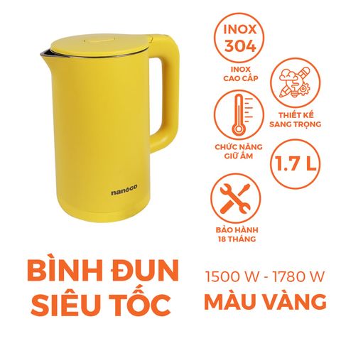 Bình đun siêu tốc inox 304 Nanoco model NKT1750 dung tích 1.7 lít (đèn LED báo sôi, giữ ấm sau khi sôi)