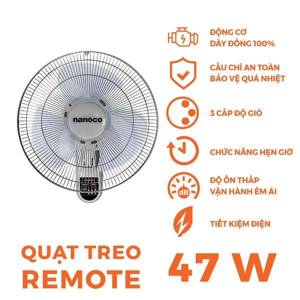 Quạt treo có remote Nanoco model NWF1612RC (3 cấp độ gió, công suất 47W)