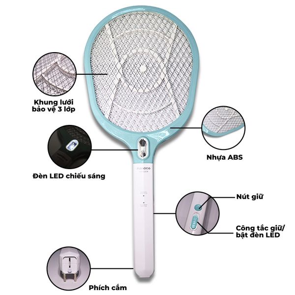 Vợt muỗi Nanoco màu xanh dương model NMR102B (pin lithium 14500h - 220V, có đèn LED chiếu sáng, chất liệu nhựa ABS)