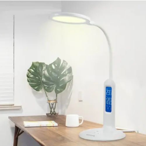 Đèn bàn LED Nanoco model NDKR478 (8W, màu trắng, nhiệt độ màu ánh sáng tùy chỉnh, có đồng hồ)