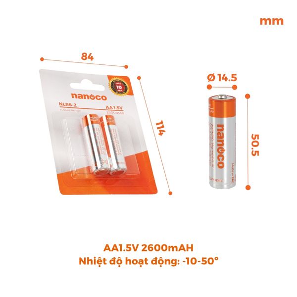 Pin Alkaline AA 1.5V 2600mAh Nanoco model NLR6-2 / NLR6-4