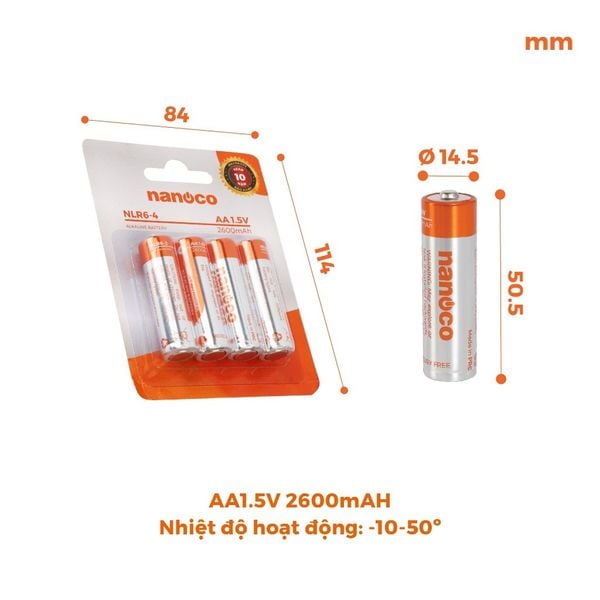 Pin Alkaline AA 1.5V 2600mAh Nanoco model NLR6-2 / NLR6-4