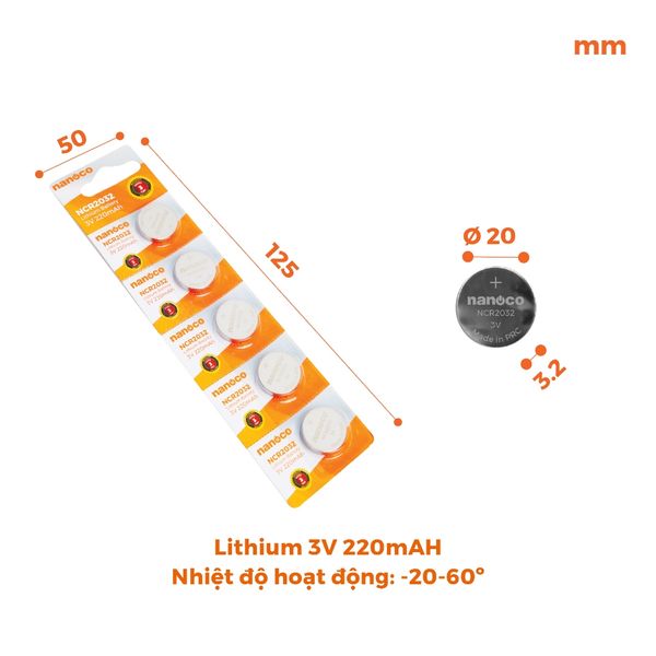Pin Lithium 3V 160mAh/220mAh Nanoco model NCR2025/ NCR2032  (5 viên/vỉ )
