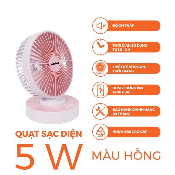Quạt sạc điện mini Nanoco model NRF6215 (5 cánh, công suất 5W)