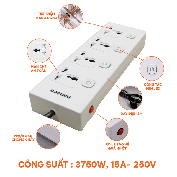 Ổ cắm có dây Nanoco model NES43415 (4 ổ đa năng, 4 công tắc, dây điện 3m và 5m)