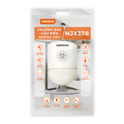 Chuông báo cảm biến không dây Nanoco model NJX378 (có tích hợp đầu sạc USB hoặc sử dụng pin AAA)