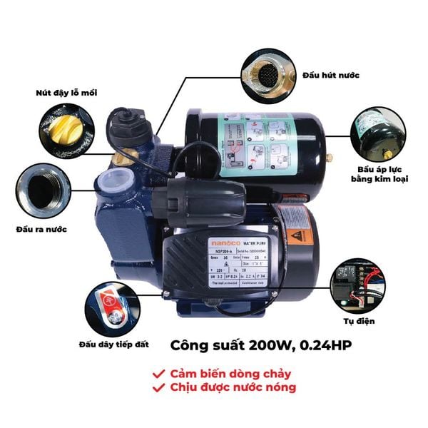 Máy bơm nước nóng tăng áp điện tử Nanoco model NCPS128-A/ 200-A/ 300-A/ 400-A (Công suất 128W, 200W,300W, 400W) - KHÔNG BAO GỒM LẮP ĐẶT