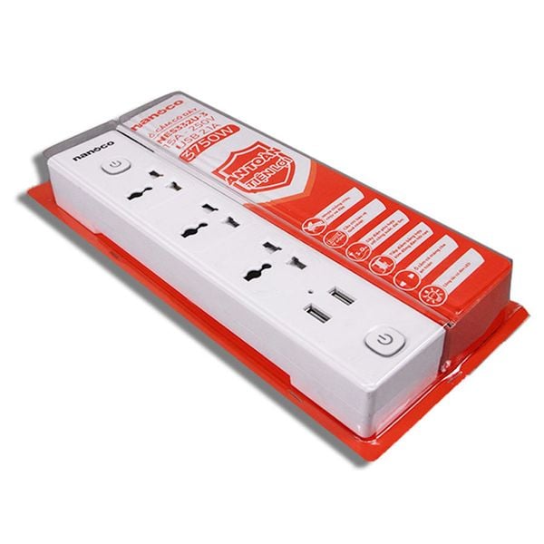 Ổ cắm có dây Nanoco model NES332U (3 ổ đa năng, 2 USB, 2 công tắc, dây điện 3m và 5m)