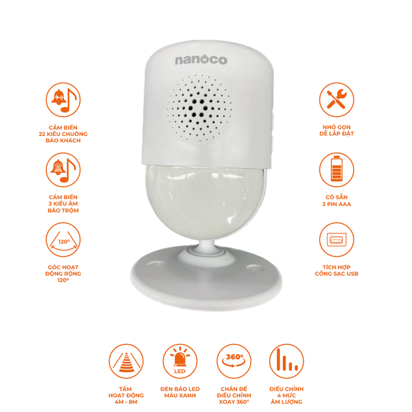 Chuông báo cảm biến không dây Nanoco model NJX378 (có tích hợp đầu sạc USB hoặc sử dụng pin AAA)