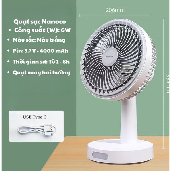 Quạt sạc 8inch Nanoco model NRF6536W, có xoay, có đèn, màu trắng, dùng tối đa 8 giờ