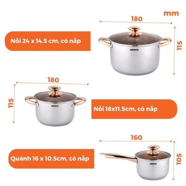 Bộ nồi chảo 4 món inox 304 Nanoco model NCWS850