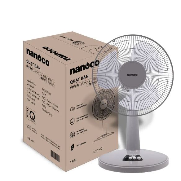 Quạt bàn Nanoco model NTF1209 (màu xám, màu beige - 3 chế độ gió - công suất 30W)