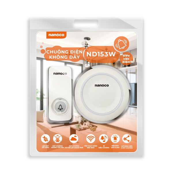 Chuông điện không dây Nanoco model ND153 trắng/đen (không dây không pin)