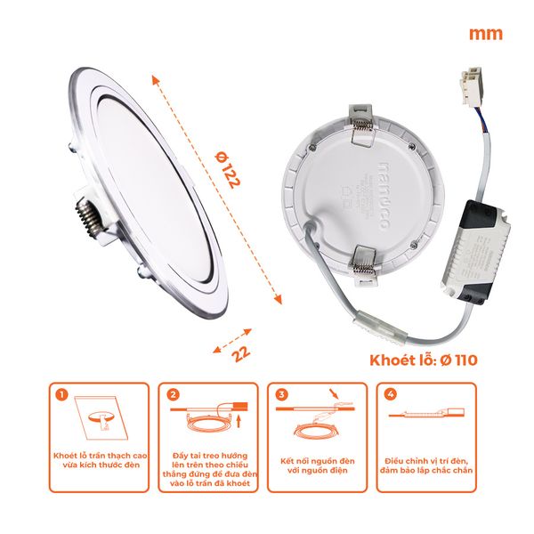Đèn downlight LED Nanoco φ135 12W 3 màu model: NSD12CS135/ NSD12CW135/ NSD12CG135 - viền vàng/ trắng/ bạc