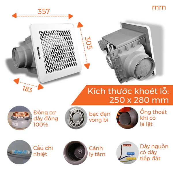 Quạt hút Nanoco âm trần lồng sóc model NFV2021/ NFV2521 (công suất 12.5W, 16W) - KHÔNG BAO GỒM LẮP ĐẶT