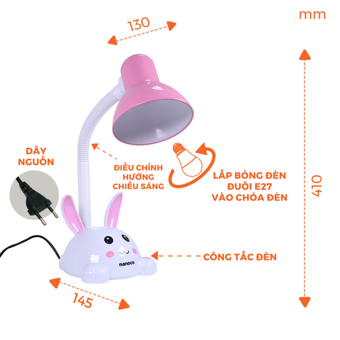 Đèn bàn Nanoco thiết kế hình thỏ dễ thương model NDKC01 (không bóng) + tặng kèm 1 bóng Led bulb đui E27- 5W