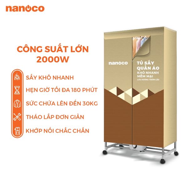 Tủ sấy quần áo Nanoco Model NCD2006, màu vàng nâu, công suất 2000W, (sức chứa ≤ 30kg)