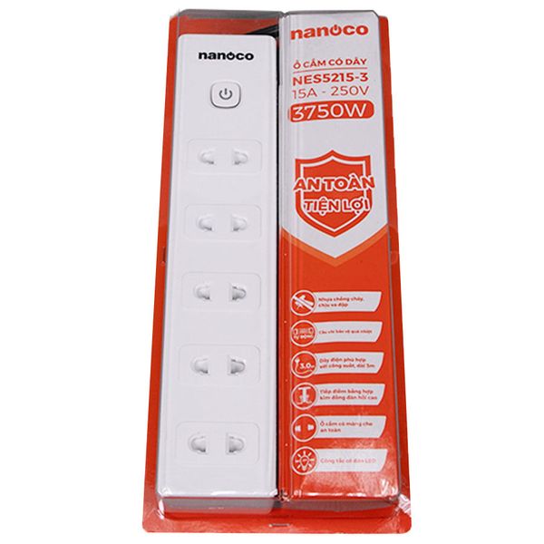 Ổ cắm có dây Nanoco model NES5215 (5 ổ cắm 2 chấu, 1 công tắc, dây điện 3m và 5m)