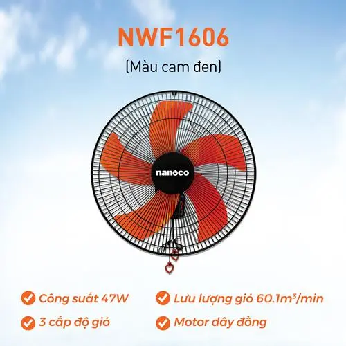 Quạt treo Nanoco model NWF1606 màu đen cam (3 chế độ gió, công suất 47w)