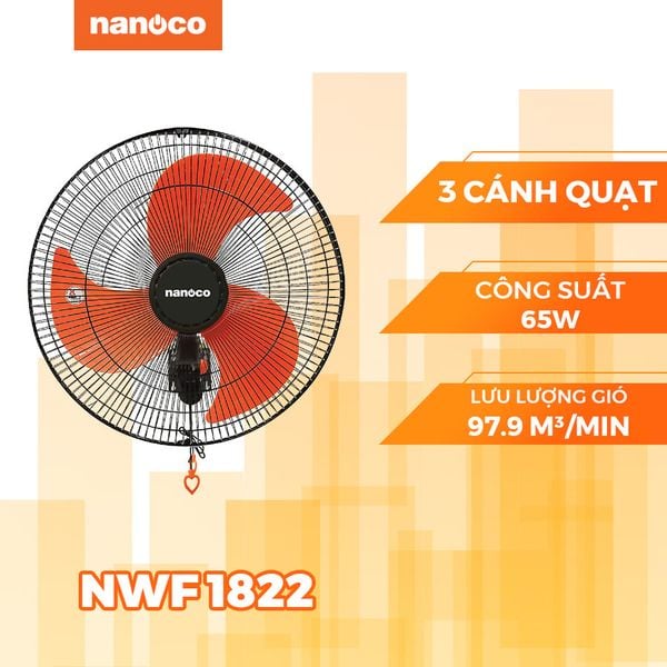 Quạt treo Nanoco model NWF1822 màu đen cam (3 chế độ gió, công suất 65w)