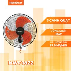 Quạt treo Nanoco model NWF1822 màu đen cam (3 chế độ gió, công suất 65w)