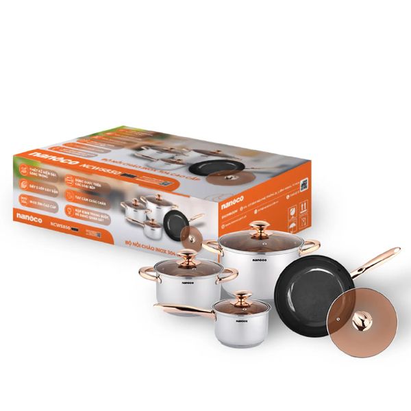 Bộ nồi chảo 4 món inox 304 Nanoco model NCWS850