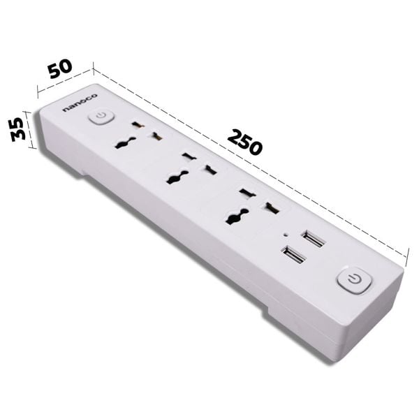 Ổ cắm có dây Nanoco model NES332U (3 ổ đa năng, 2 USB, 2 công tắc, dây điện 3m và 5m)