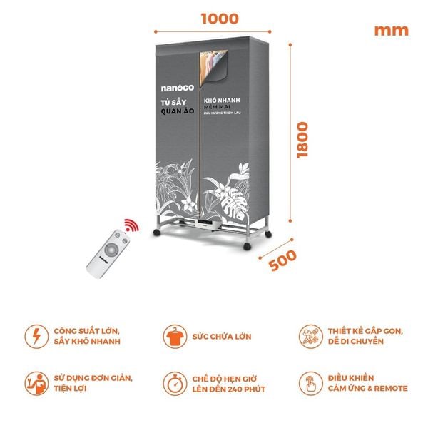 Tủ sấy quần áo có remnote và điều khiển cảm ứng Nanoco model NCD2024RC (Công suất 2000W, Sức chứa ≤ 30kg)