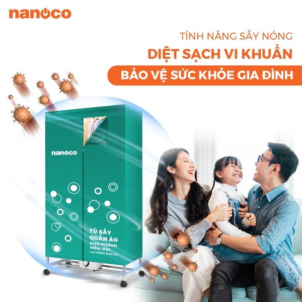 Tủ sấy quần áo Nanoco Model NCD1502 màu xanh, công suất 1500W, (sức chứa ≤ 20kg)