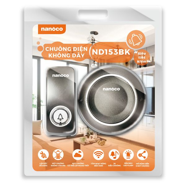 Chuông điện không dây Nanoco model ND153 trắng/đen (không dây không pin)