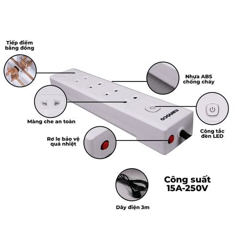 Ổ cắm có dây Nanoco model NES5215 (5 ổ cắm 2 chấu, 1 công tắc, dây điện 3m và 5m)