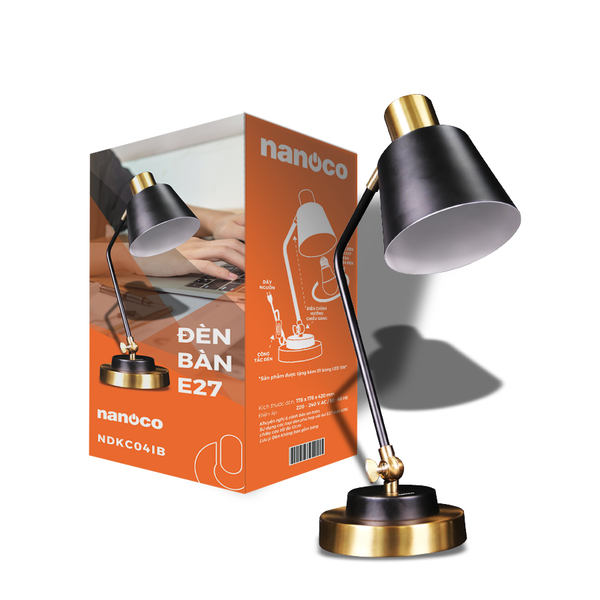 Đèn bàn E27 cổ điển sang trọng Nanoco model NDKC04IB (không bóng) + tặng kèm 1 bóng Led bulb đui E27- 5W